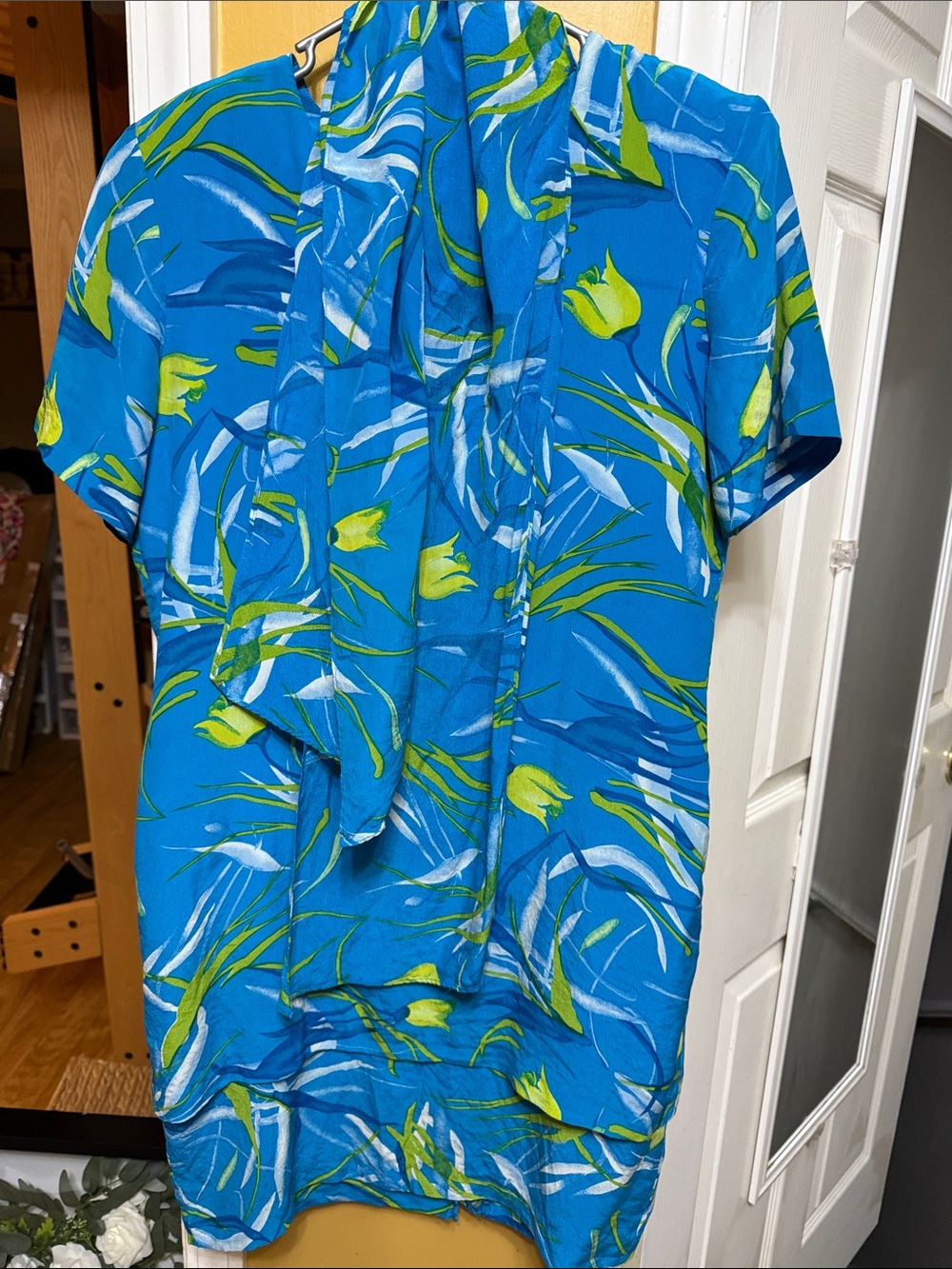 Vintage Y2K Tess Silk Shift Dress Blue Tropical Print Size 6 w/Matching Scarf